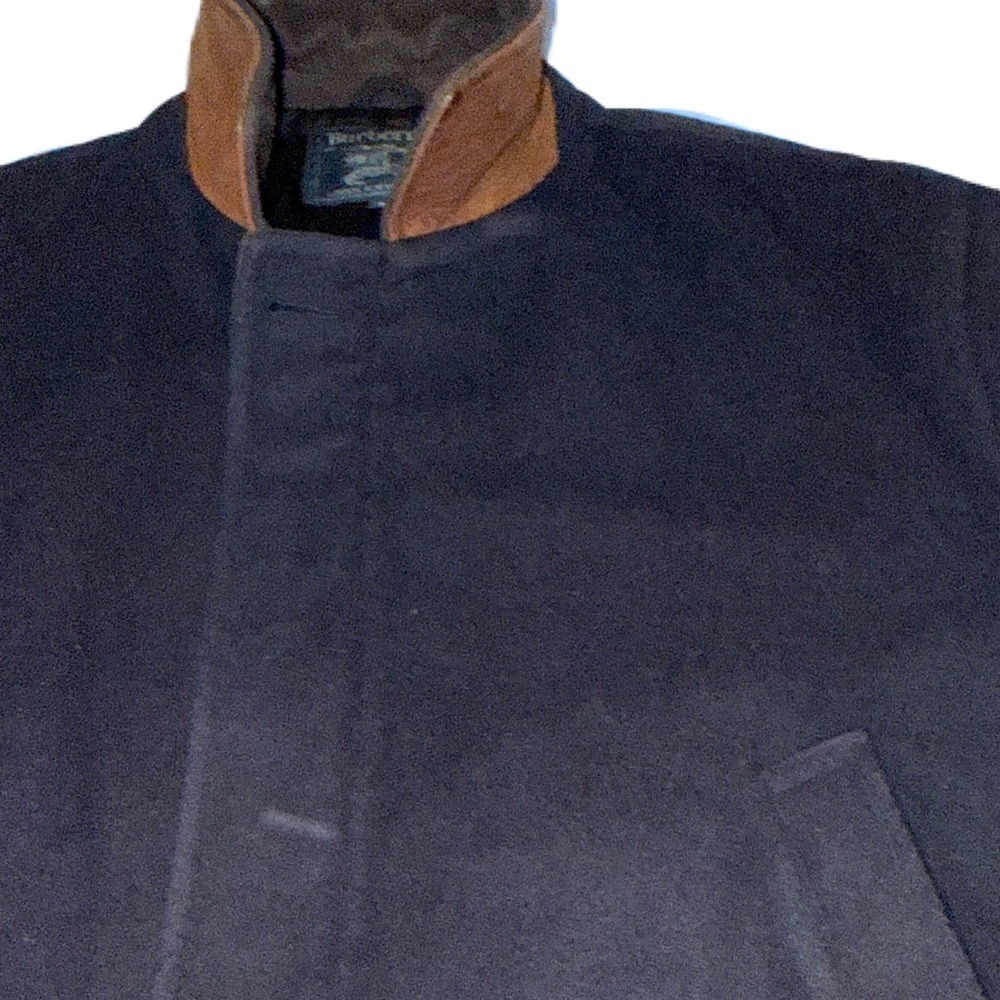 Burberry XL Navy Blue Wool Coat & Leather Collar Overcoat Vintage - Picture 7 of 13